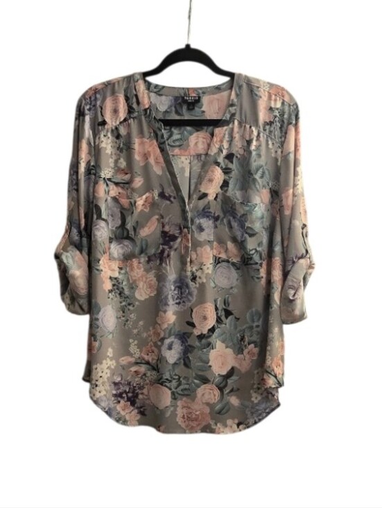 torrid Tops - torrid Floral Blouse in Gray with Pink and Blue Flowers